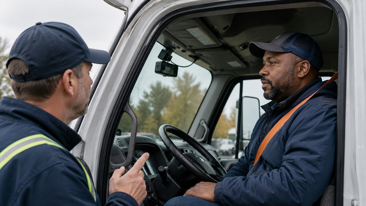 Advisor reviewing in-cab camera setup with driver inside a commercial truck.