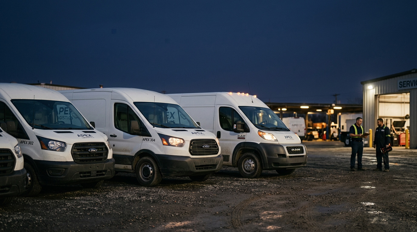 Fleet vehicles in a service yard with advisor and technician nearby