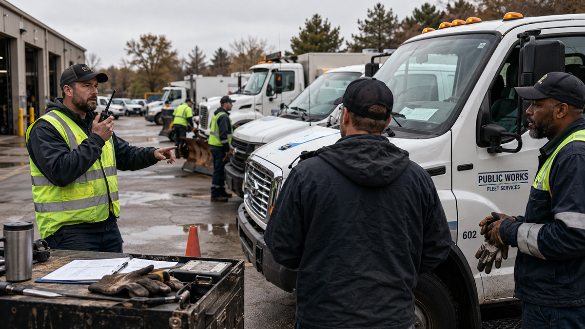 Public works crew coordinating vehicles and equipment in a fleet service yard.