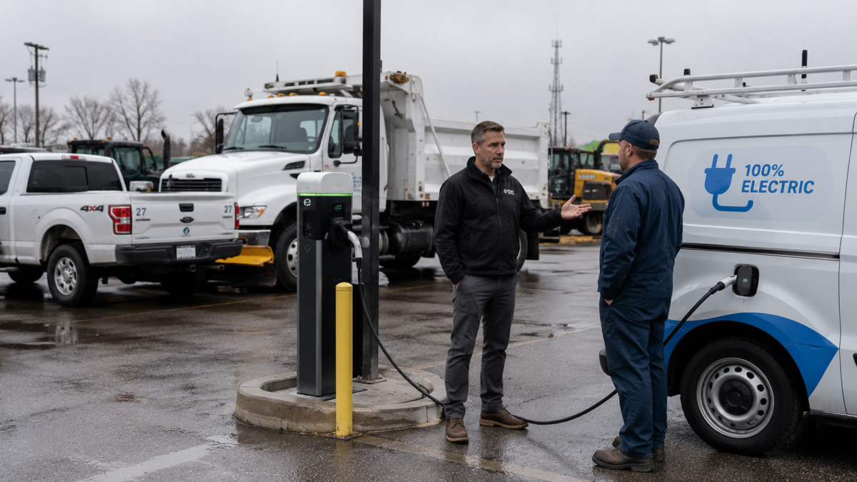 Fleet advisor and technician discussing an electric van charging in a service yard.