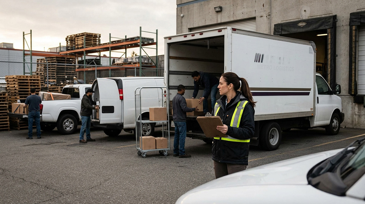Commercial fleet vehicles being loaded in a logistics yard