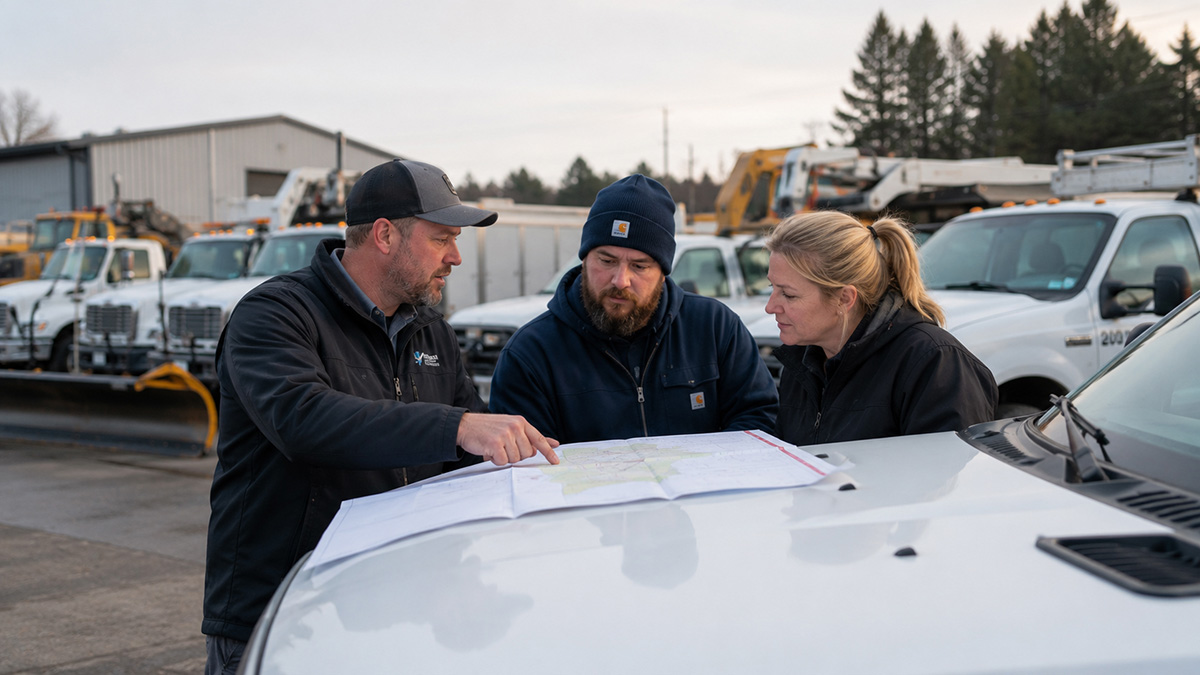 Fleet advisor and manager reviewing vehicles in a service yard