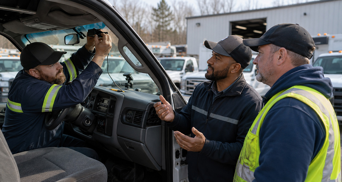 Technician installs fleet hardware while a trainer guides a driver