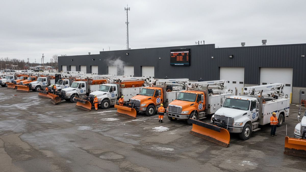 Public works vehicles staged for seasonal readiness in a municipal depot
