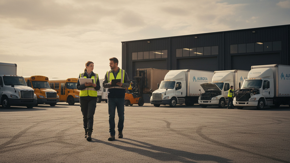 Fleet consultant and operations lead reviewing vehicles in a yard