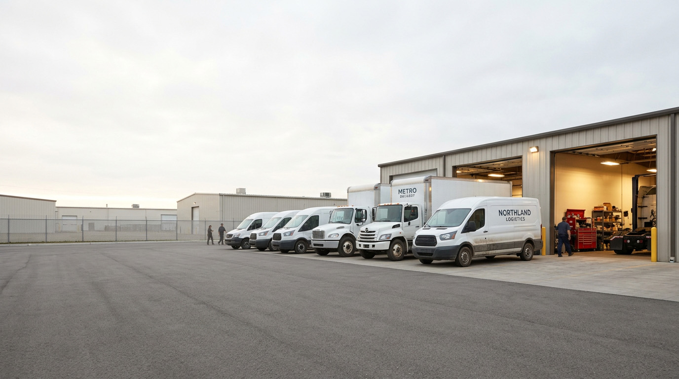 Fleet service yard with maintenance bay and parked work vehicles