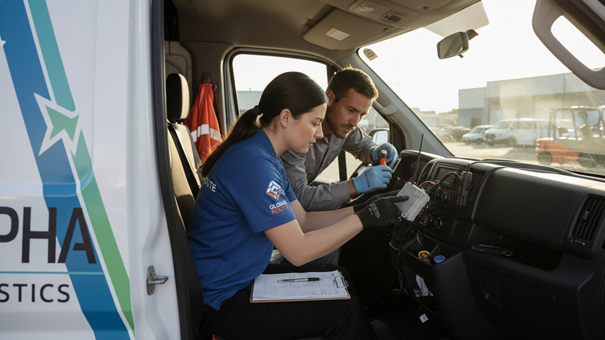 A female fleet operations supervisor and a driver reviewing an asset tracking device inside the cabin of a cargo van.