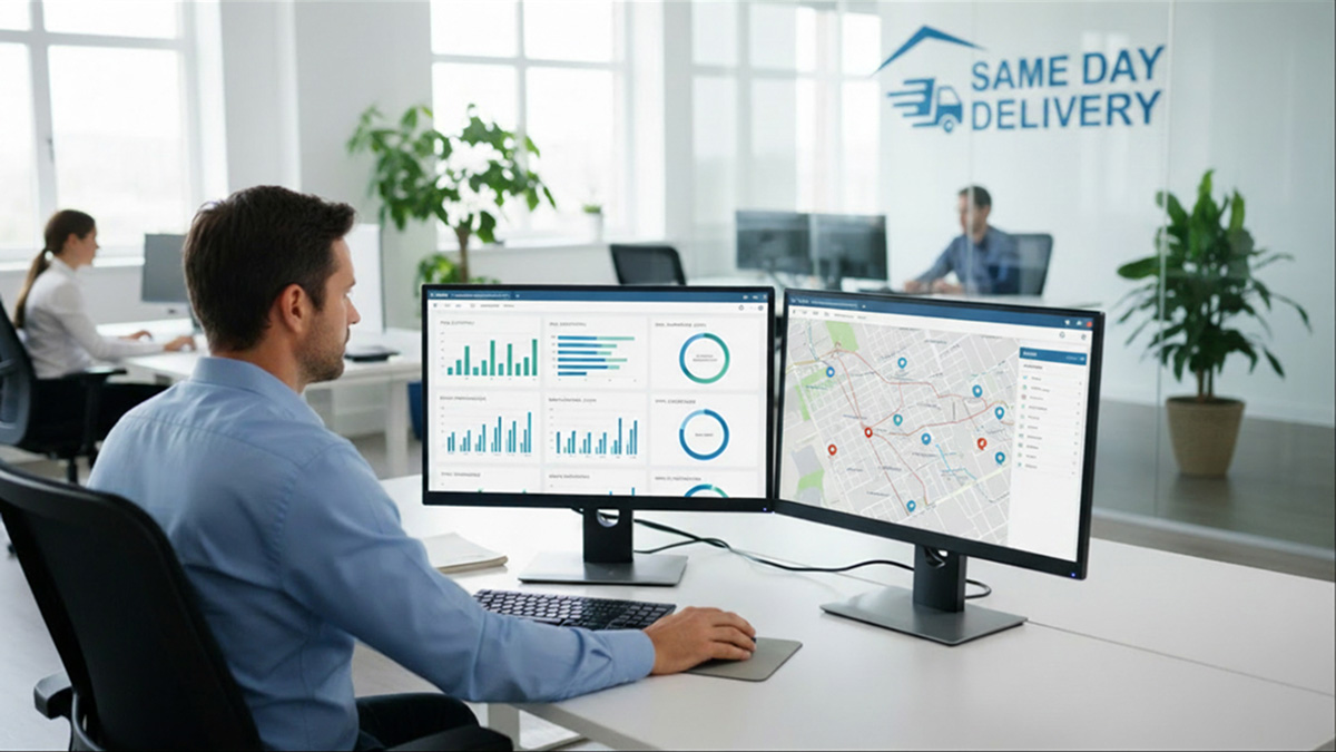 A professional fleet manager sitting at a clean corporate desk, reviewing modern fleet analytics and maps on dual computer monitors.