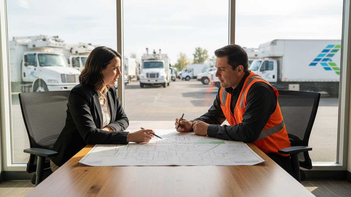 A USA Fleet Solutions specialist meeting with an operations manager at a busy regional transit facility to review custom logistics and maintenance strategies.