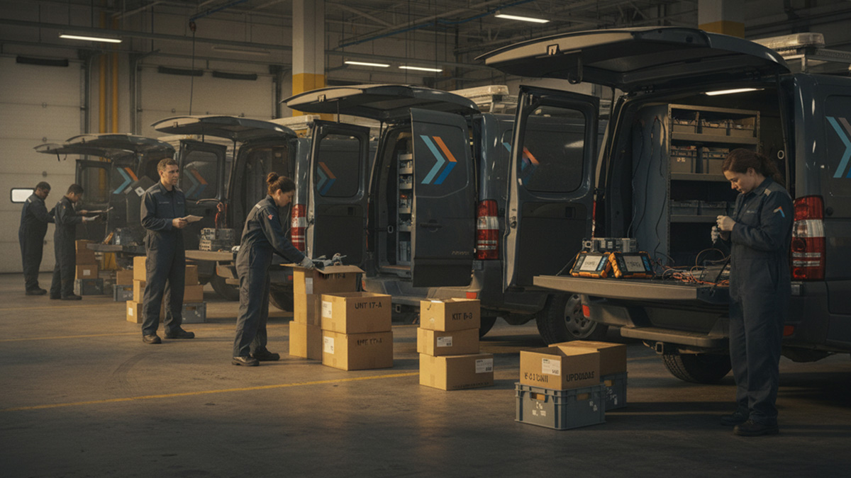 Installers preparing fleet device kits beside service vehicles