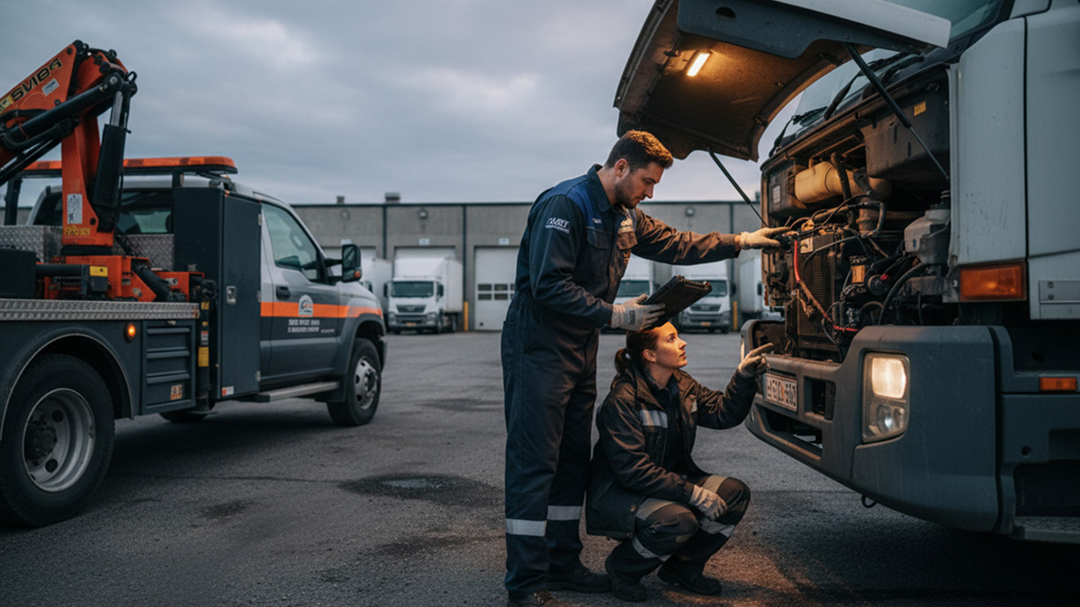 Technician and supervisor troubleshooting fleet equipment in a depot