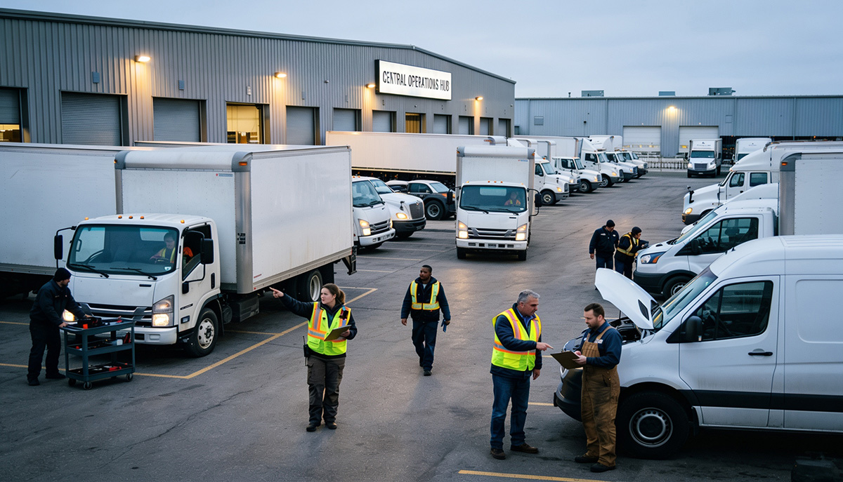 Enterprise fleet vehicles arriving at a central depot