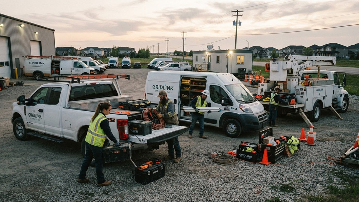 Field service crews loading tools into vehicles at a job site
