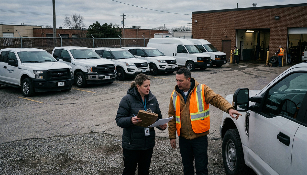 Government fleet lead reviewing vehicles in a fleet lot