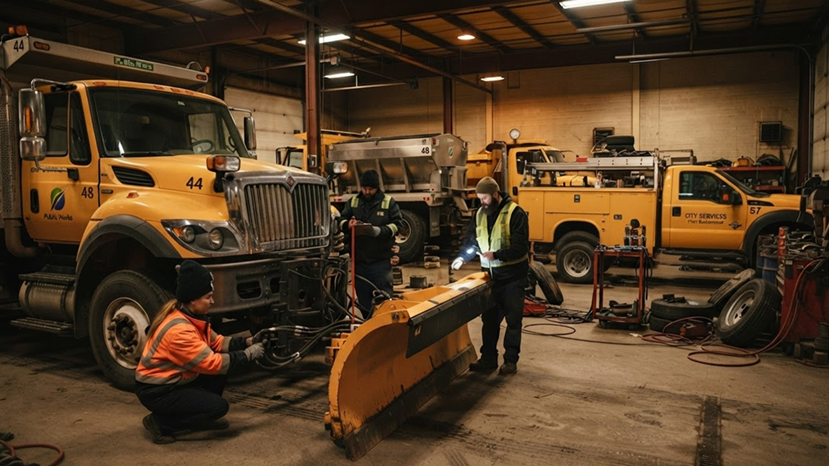 Public works crew inspecting snowplows and municipal trucks
