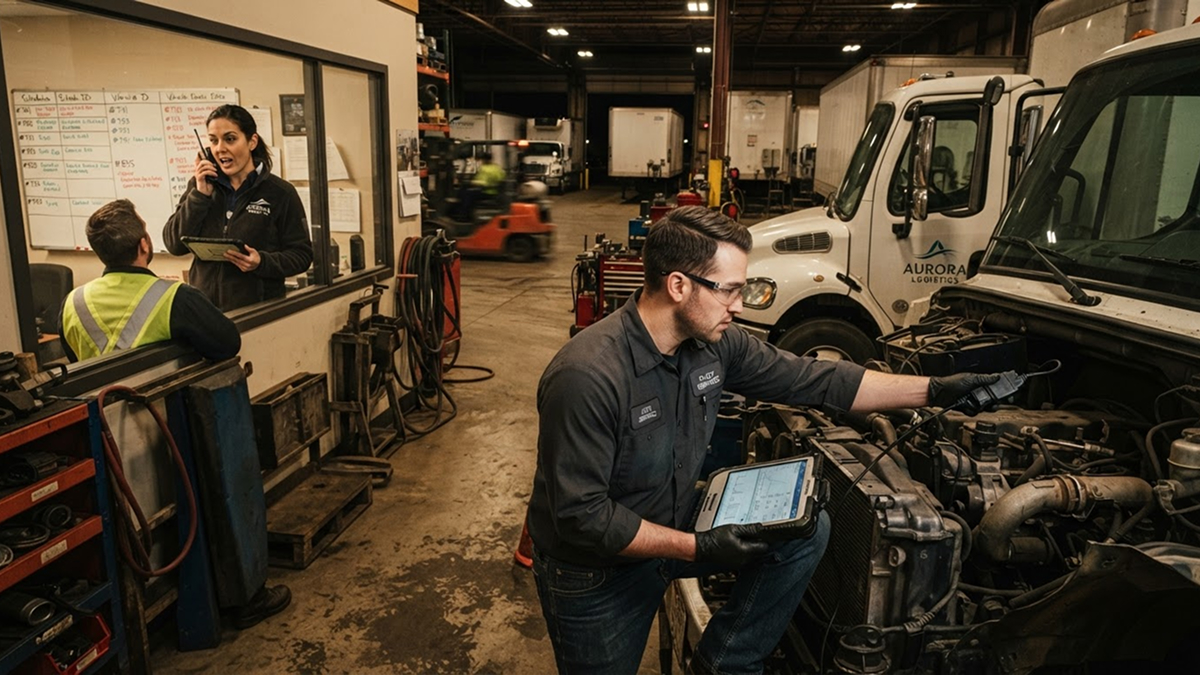 Technician connecting a sensor to equipment in a fleet garage