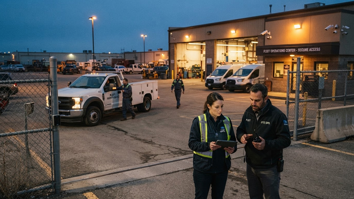 Fleet advisor and operations lead reviewing access procedures at a secure facility
