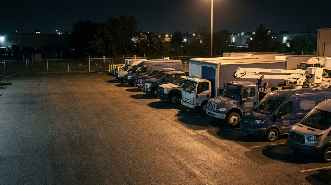 Mixed commercial fleet parked under yard lights at night