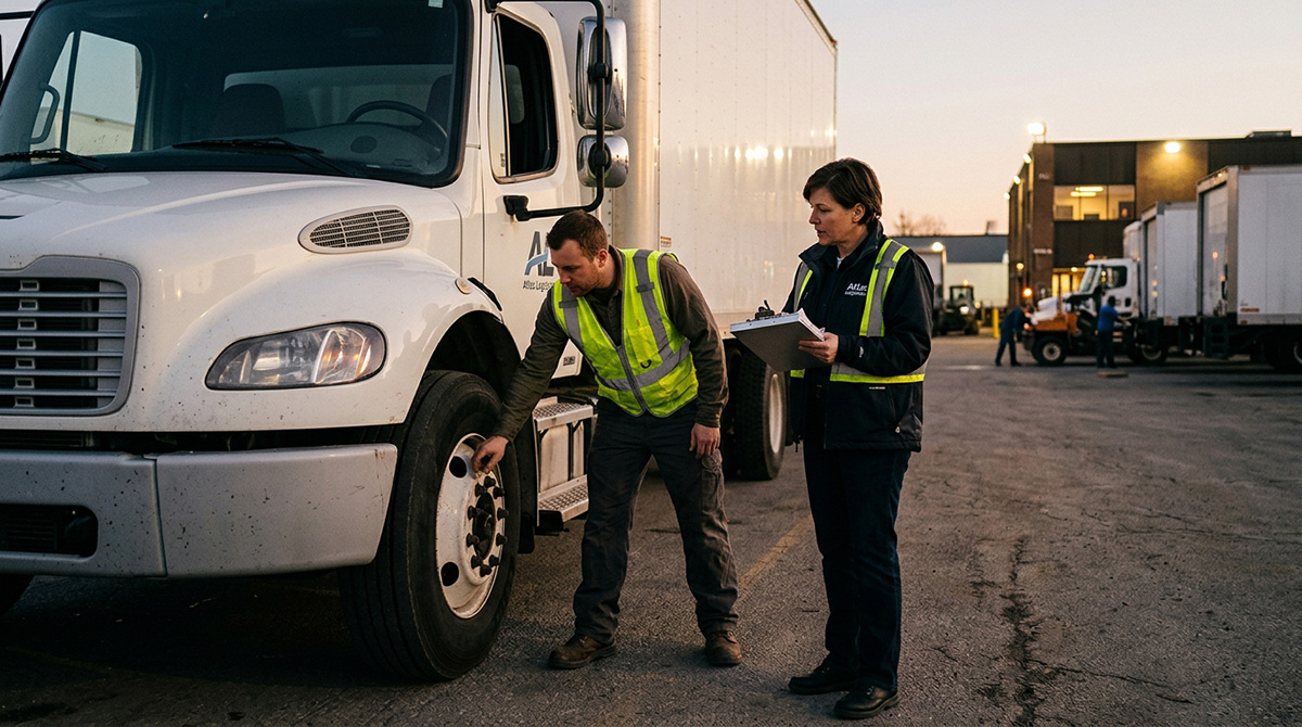 Driver completes a pre-trip inspection beside a box truck