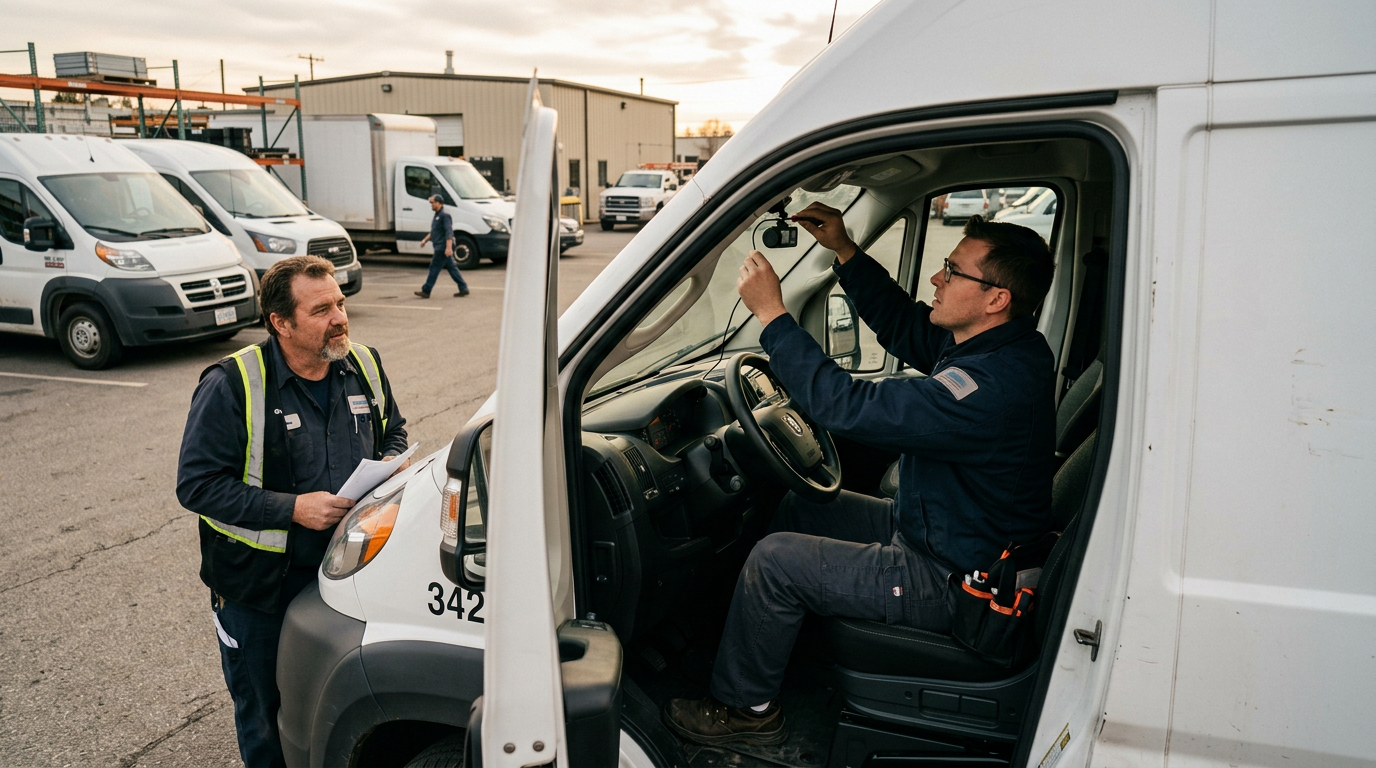 Technician installs a dash camera in a commercial van